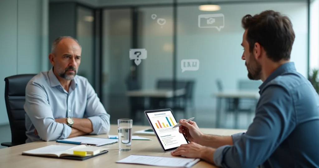 Gestor contábil escutando cliente cético enquanto mostra proposta na tela de um tablet