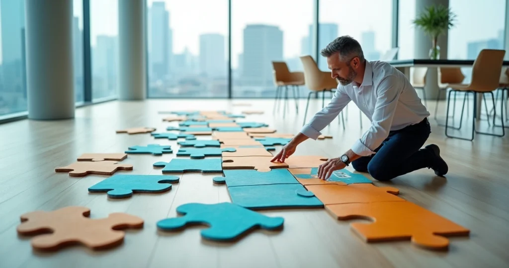 Executivo monta grande quebra-cabeça colorido com peças espalhadas no chão